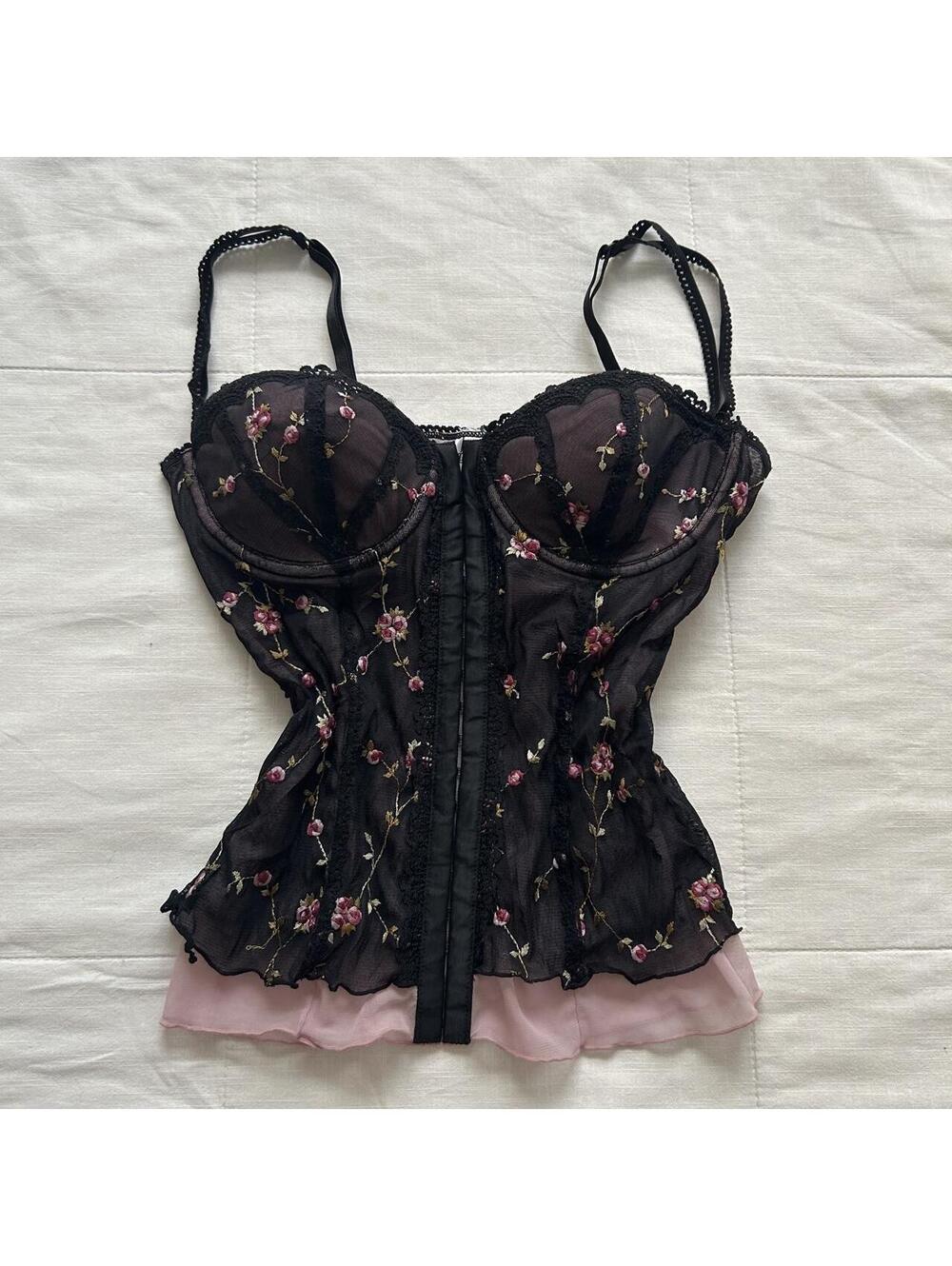 Rampage 36C Black Pink Floral Embroidered Lace Mesh Corset Bustier Top